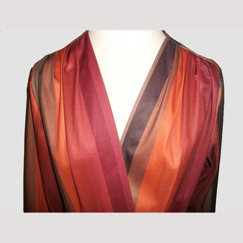 Vtg 70s Earth Tone Striped Surplice Belted Dress M - Picture 2 of 5